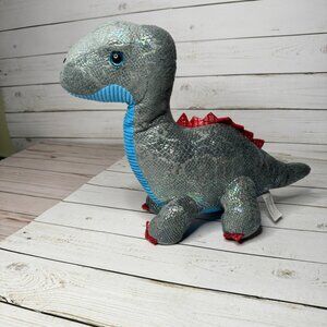 Metallic Sparkly Brontosaurus Dinosaur Plush Toy With Blue Belly & Red Spikes